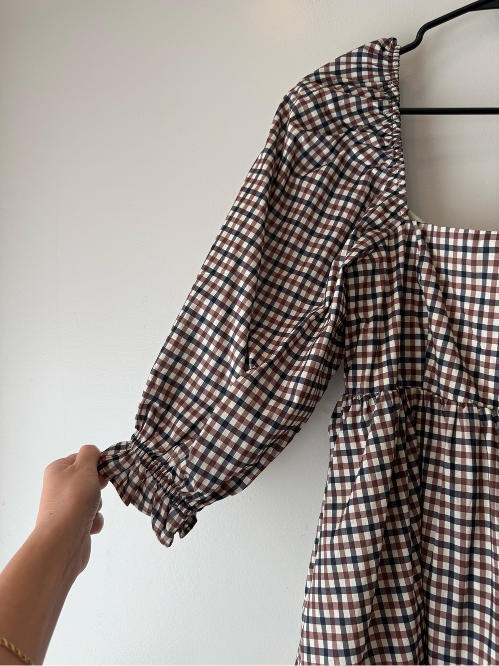 Storia Plaid Puff-Sleeve Square Neck Mini Dress in Brown - Picture 3 of 7